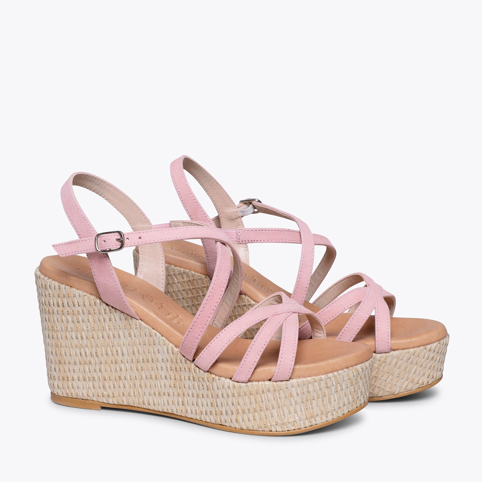 MICONOS Cuña con plataforma de rafia y tiras cruzadas ROSA