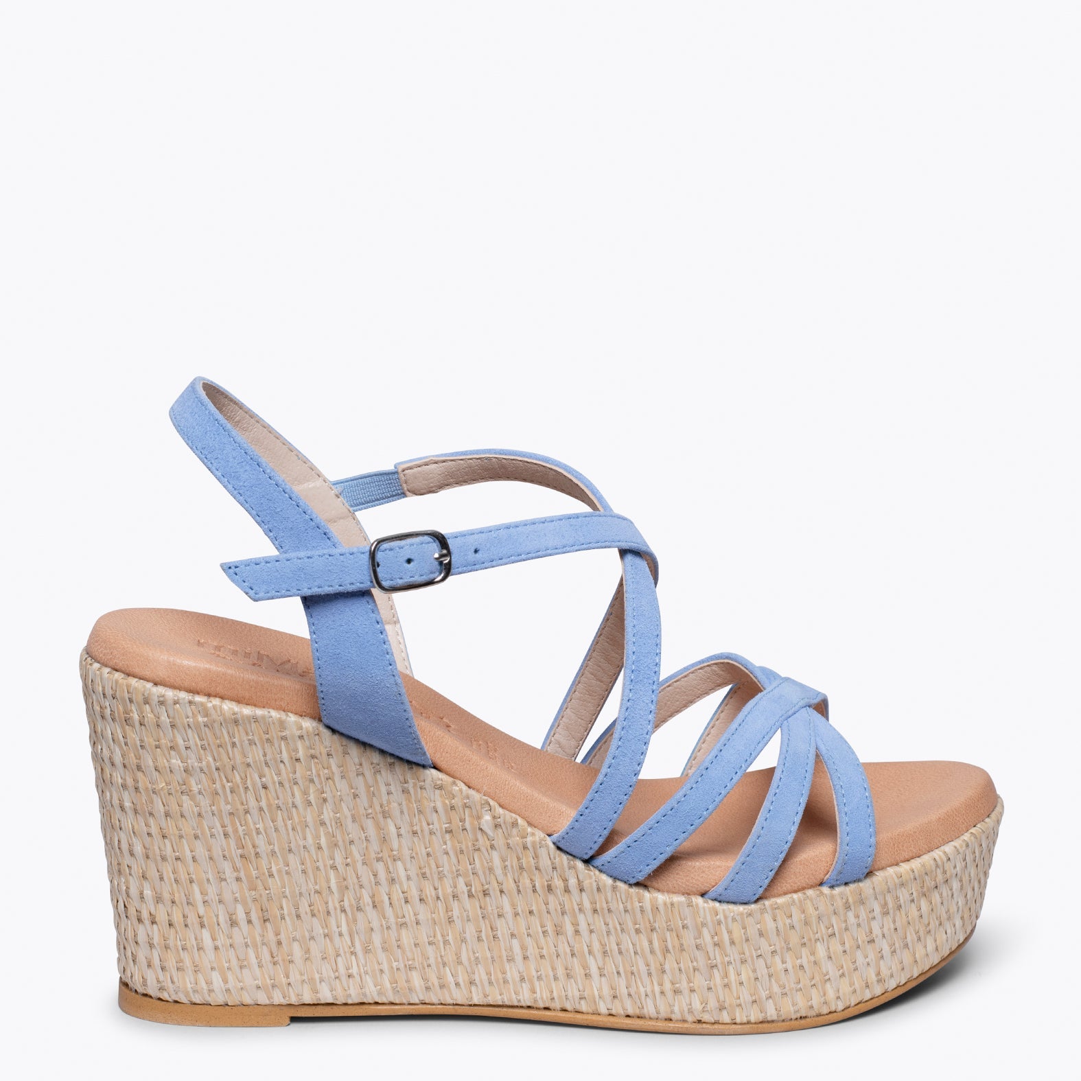 MICONOS Cuña con plataforma de rafia y tiras cruzadas AZUL CLARO
