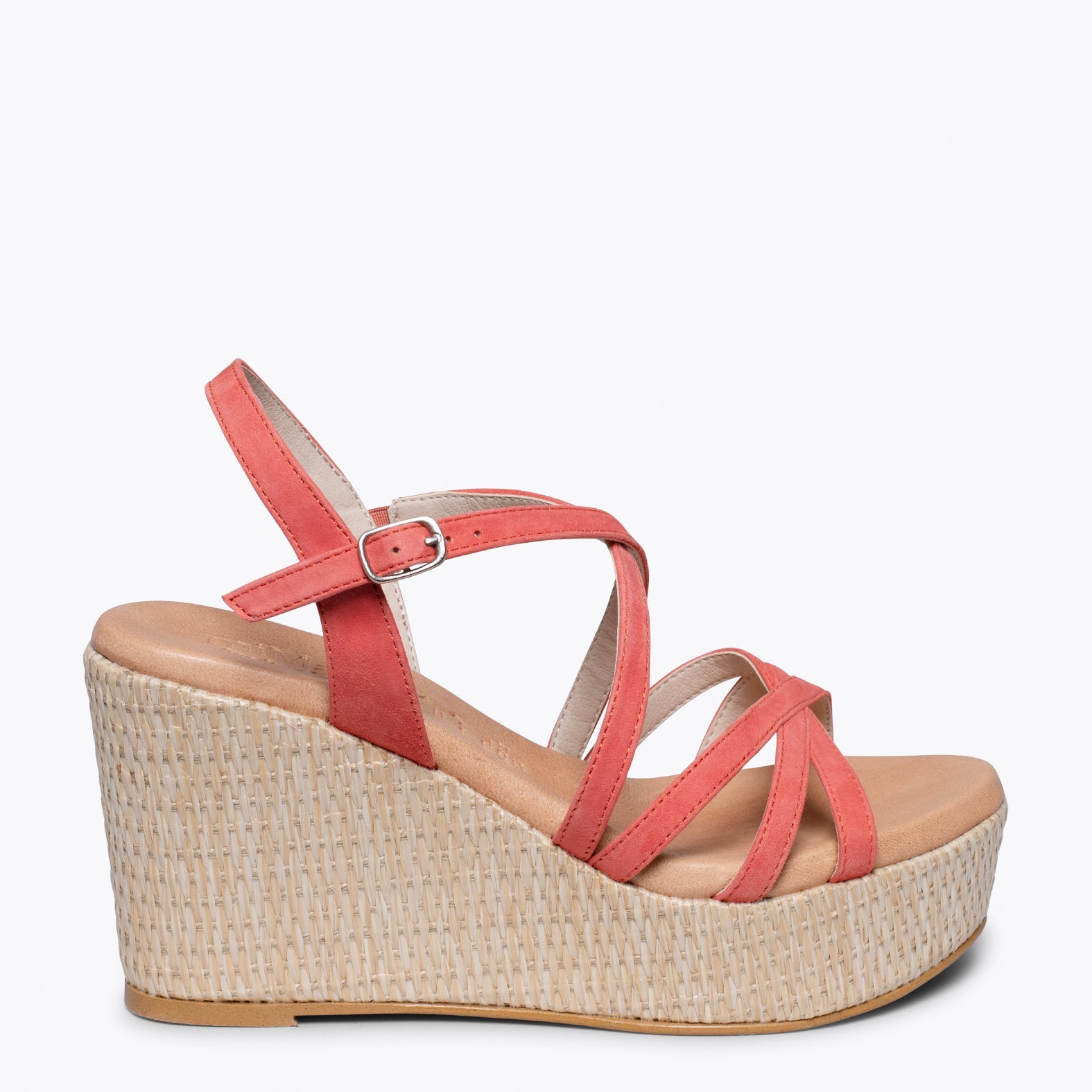 MICONOS Cuña con plataforma de rafia y tiras cruzadas CORAL