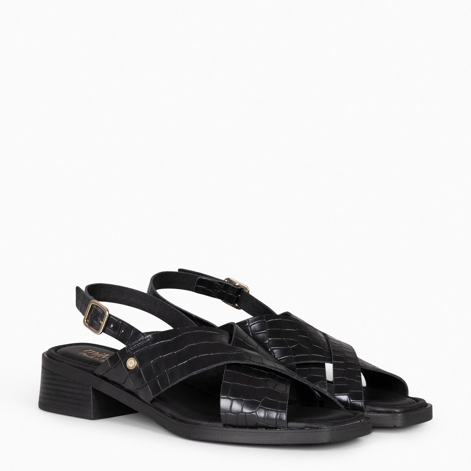 BETANIA - Sandalias planas de piel grabado coco NEGRO