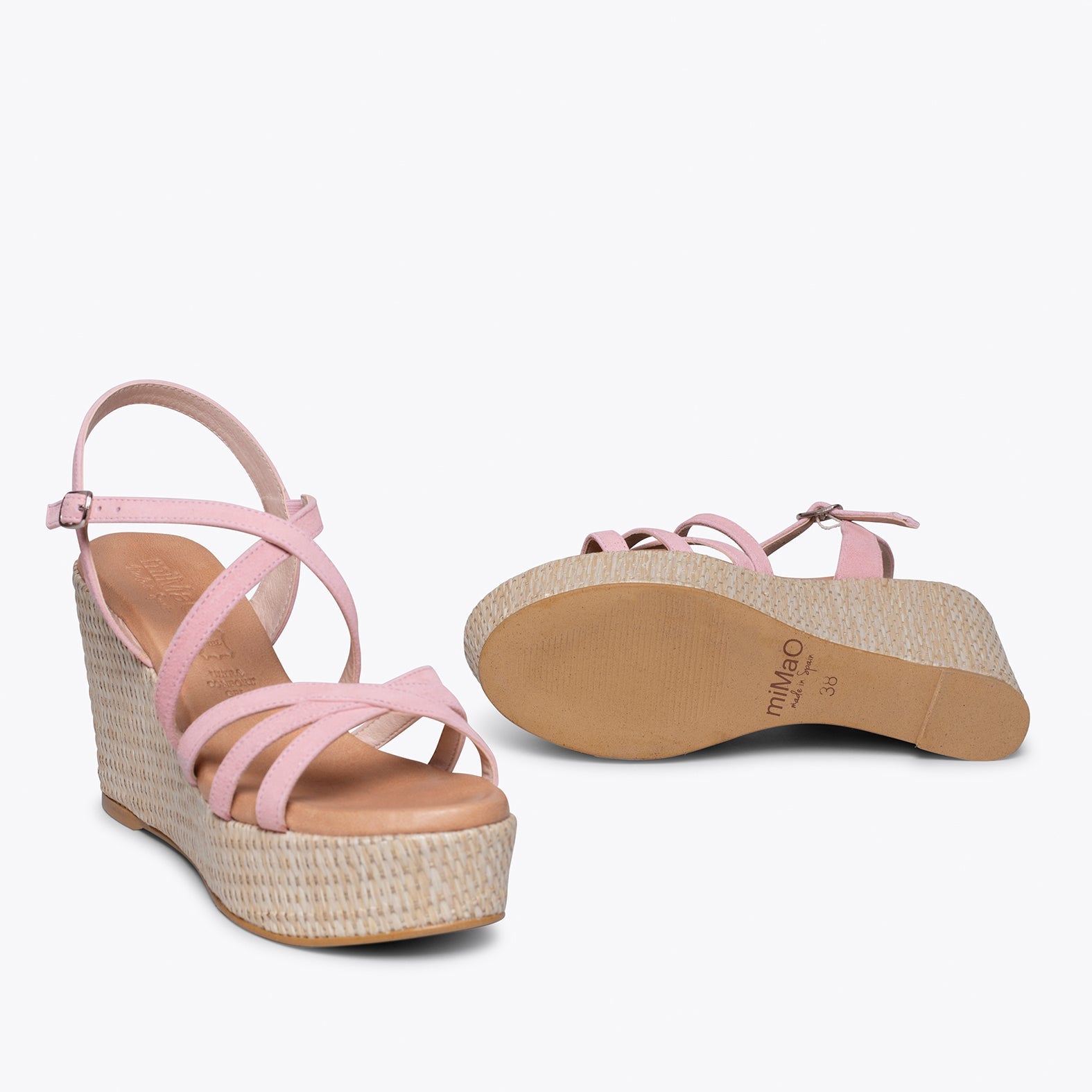 MICONOS Cuña con plataforma de rafia y tiras cruzadas ROSA