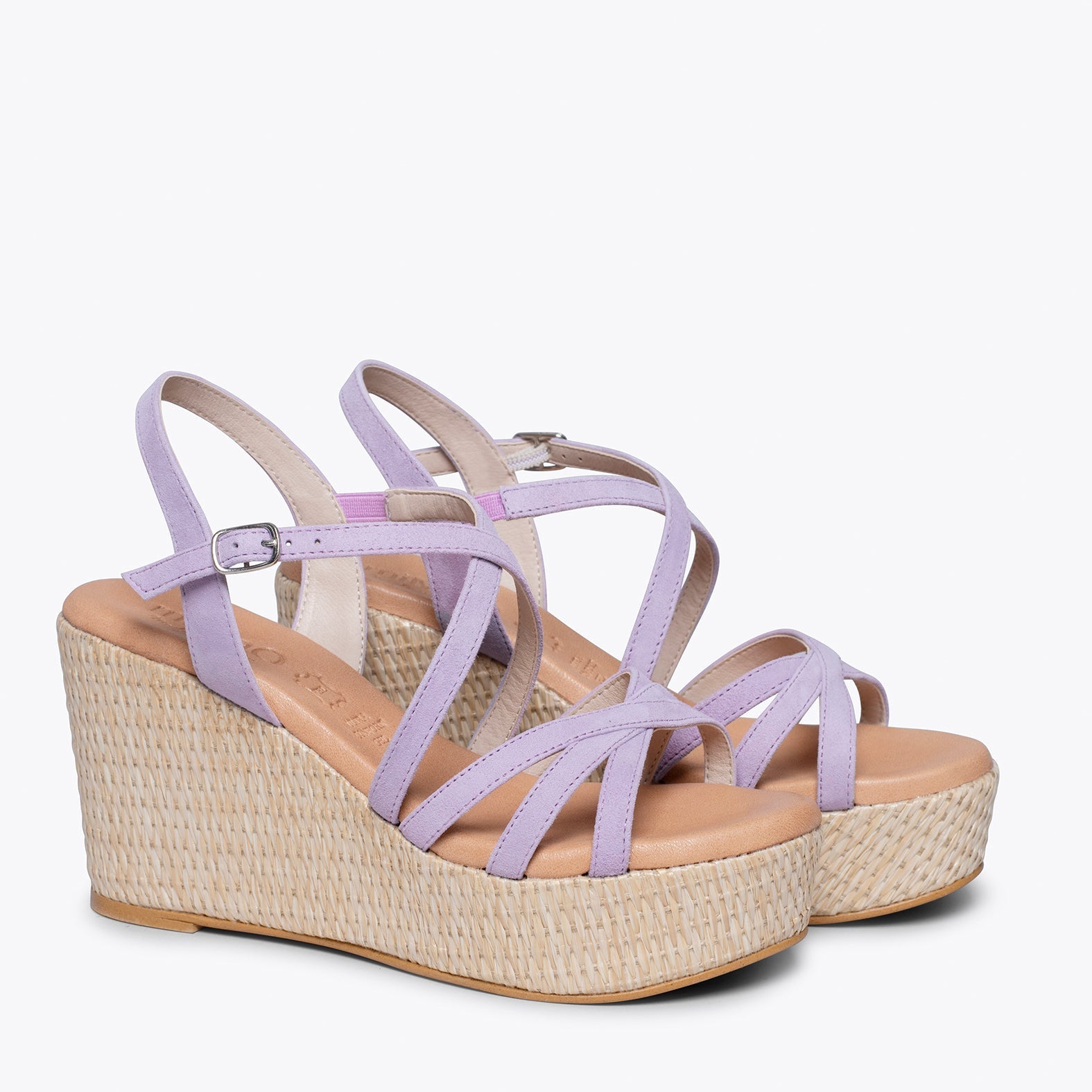 MICONOS Cuña con plataforma de rafia y tiras cruzadas MALVA