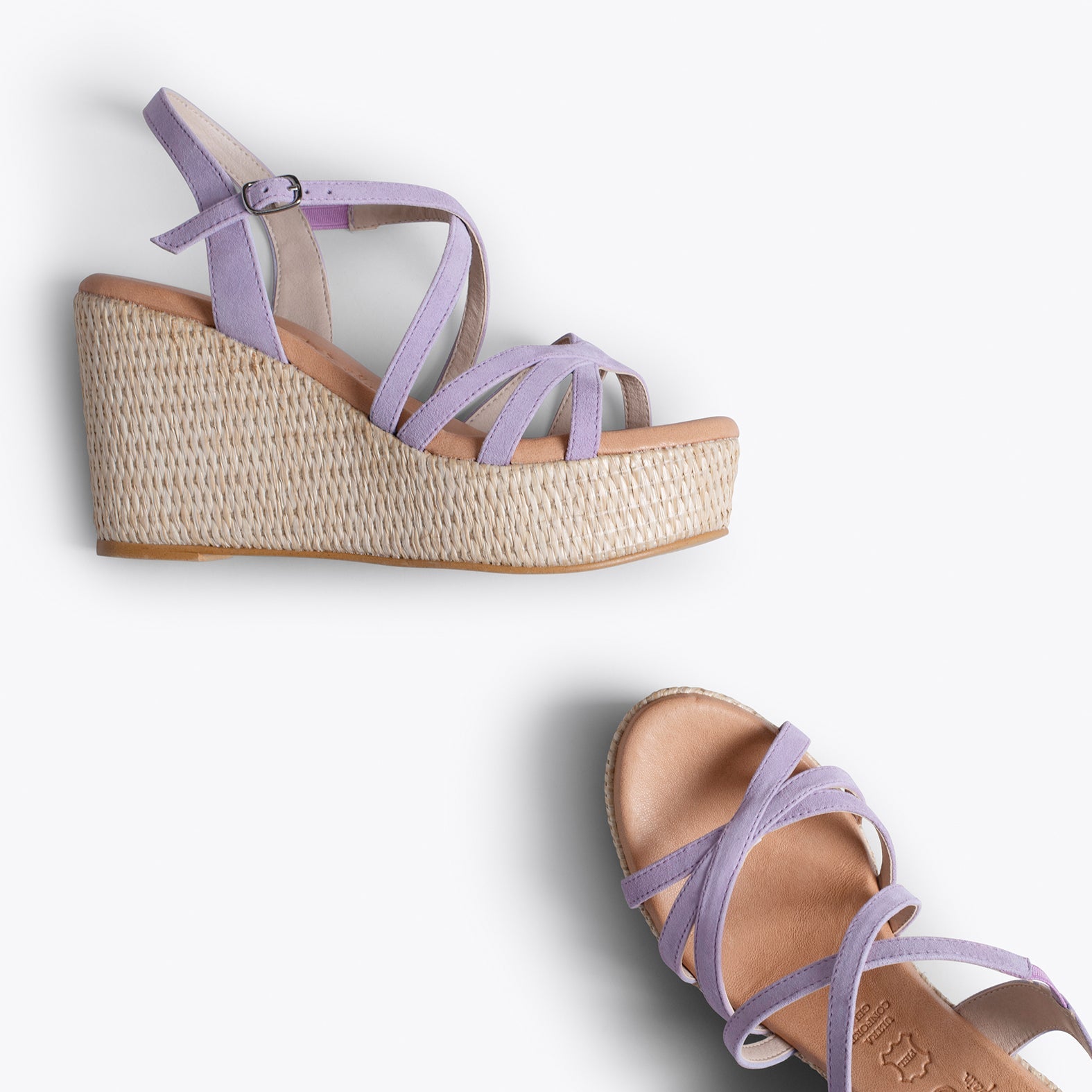 MICONOS Cuña con plataforma de rafia y tiras cruzadas MALVA