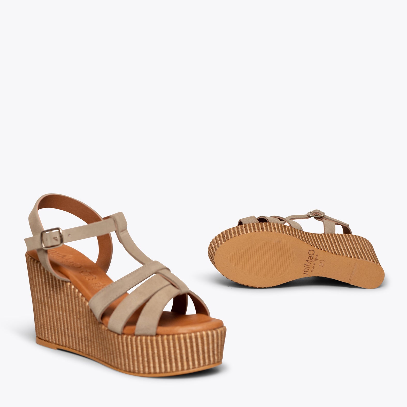 ÁMBAR - Cuñas TAUPE con plataforma de rafia