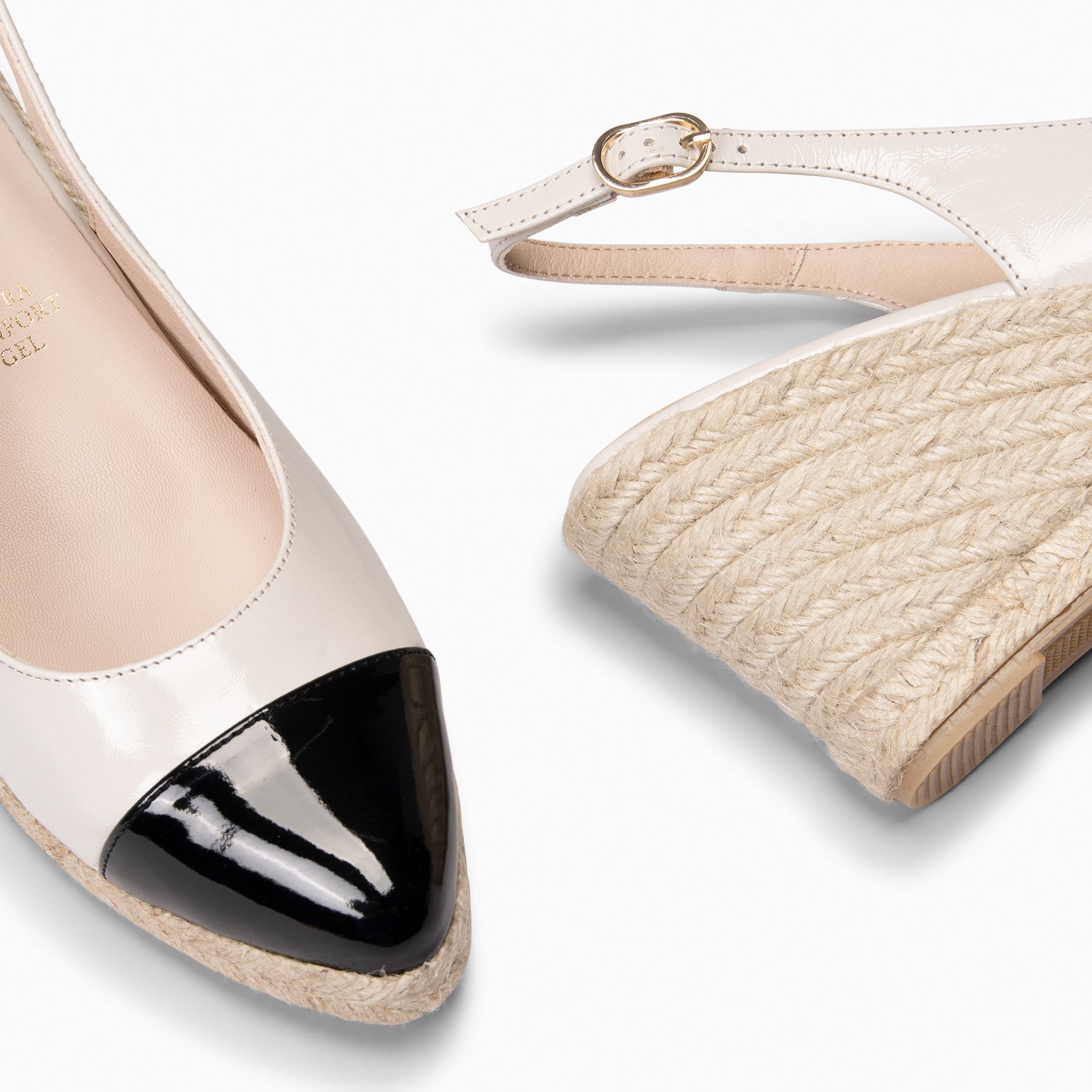 BIARRITZ - CUÑA DE ESPARTO BEIGE CON PUNTERA NEGRA DE CHAROL