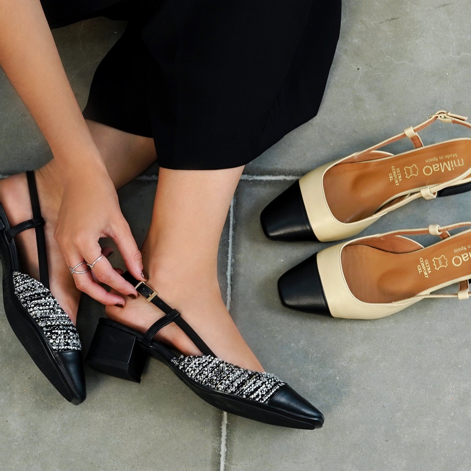 AUDREY - Manoletinas destalonadas Bicolor con tacón TWEED NEGRO