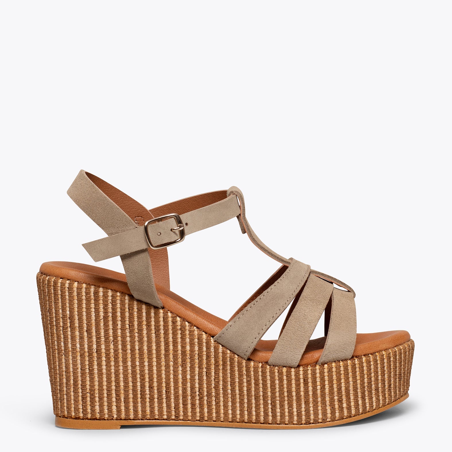 ÁMBAR - Cuñas TAUPE con plataforma de rafia