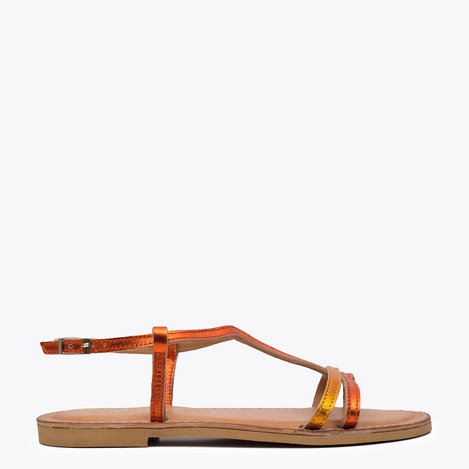 PLANA – Sandalia plana metalizada bicolor NARANJA