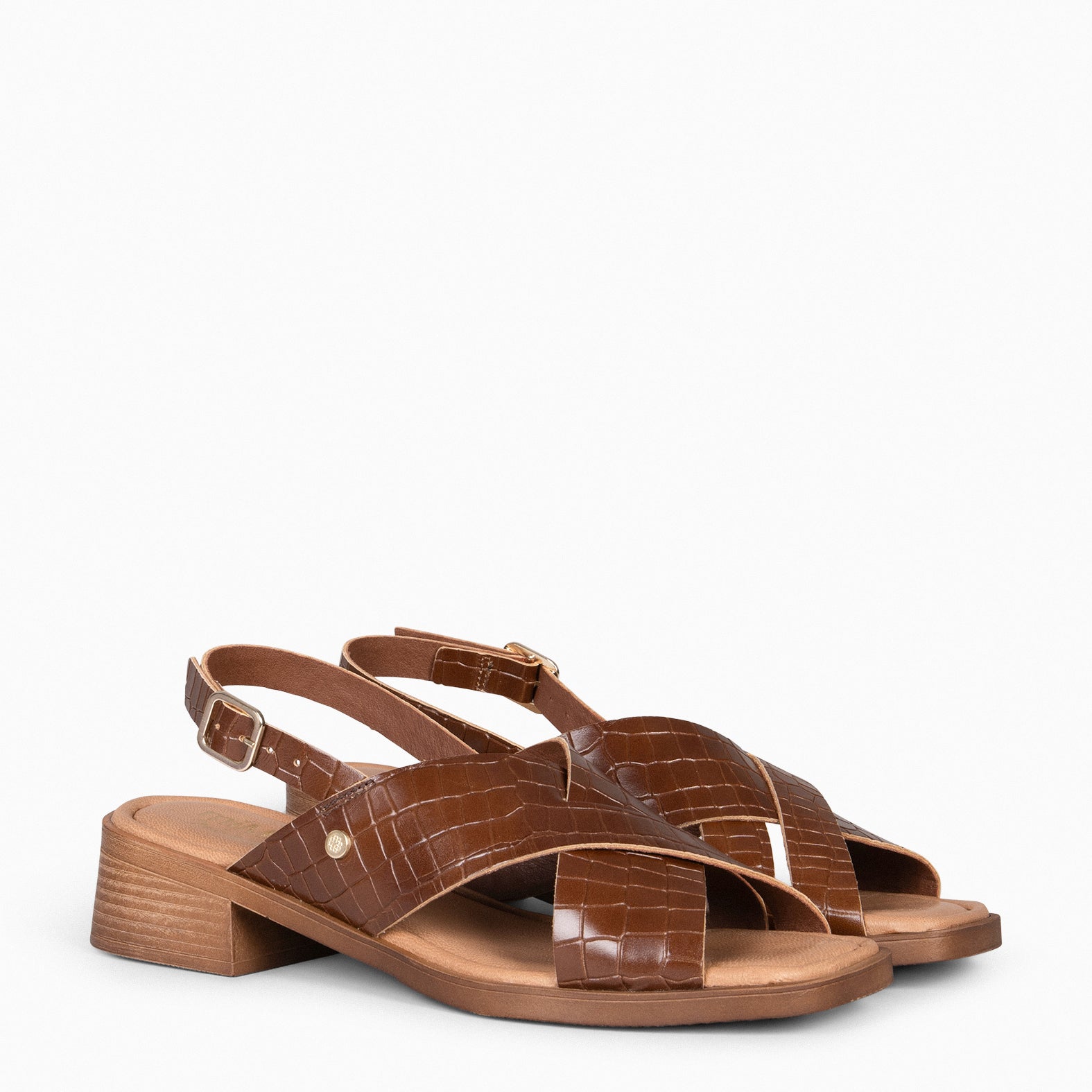 BETANIA - Sandalias planas de piel grabado coco MARRÓN