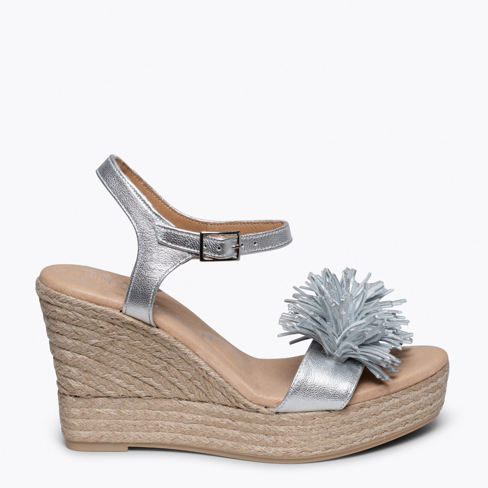 ZAHARA  Cuña de esparto con plataforma y flecos PLATA