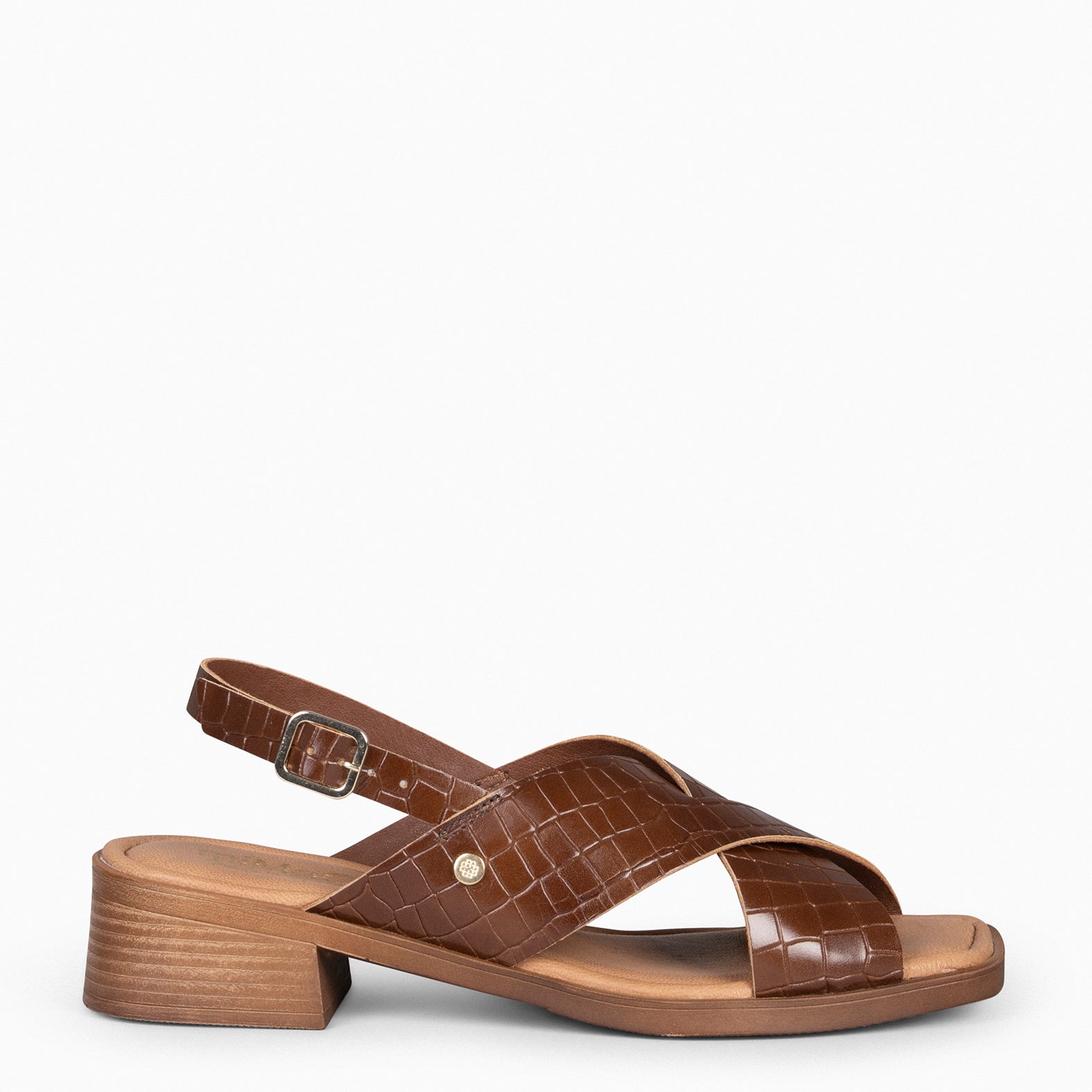BETANIA - Sandalias planas de piel grabado coco MARRÓN